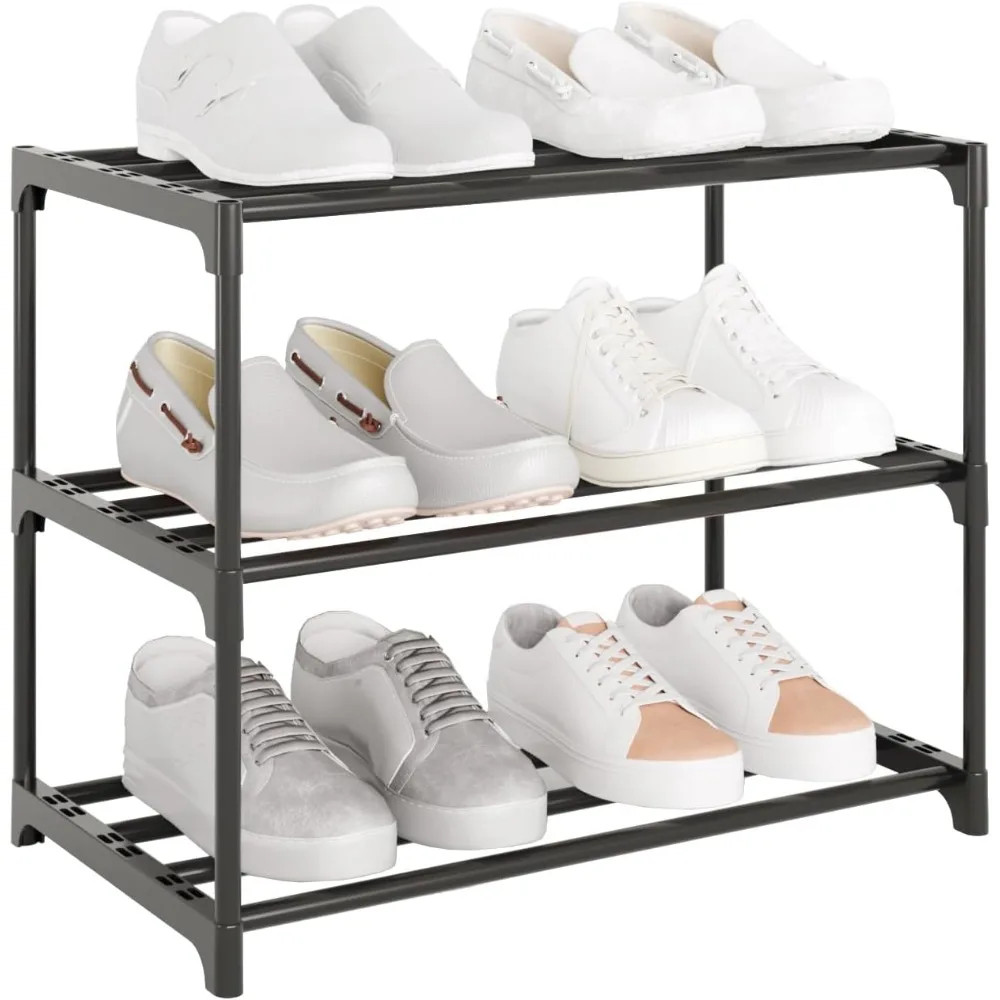 

Small Metal Shoe Rack,Stackable Shoe Shelf Storage Organizer for Entryway, Hallway and Closet(3-Tier,Black)