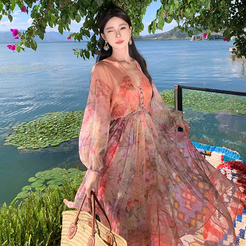 2024 Sping Autumn Bohemian Women Pink Floral V-neck Lantern Long Sleeve Waist Dress Romantic Retro High Quality