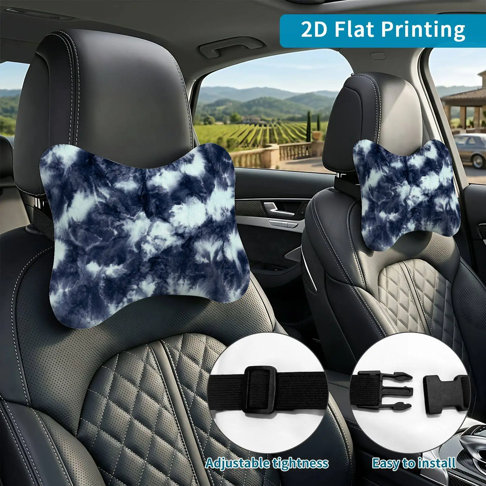 2pcs Tie-Dye Blue-White Pattern Car Seat Headrest, Neck Support Cushion, Suitable For All Seasons Of Car Additions, Tie-Dye Them