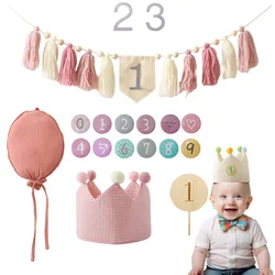 1-3 Year Happy Birthday Banner 100% Cotton Hat Handmade Tassel Pendant Baby Birthday Party Supply Balloon Wall Hanging Ornament