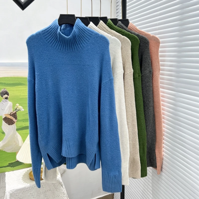 เสื้อสเวตเตอร์ไหมพรมถักแบบหลวม มีรอยผ่าสำหรับห้อยป้ายในห้องลองเสื้อ  แบบญี่ปุ่น สไตล์ลำลอง วินเทจ ทรงโอเวอร์เฮด แขนยาว ให้ความอบอุ่น