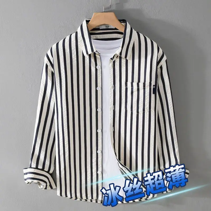 Men's Summer Workwear Long Sleeve Striped Shirt Outdoor Cool Feeling Durable Lightweight Polyester Construction Site Casual S...