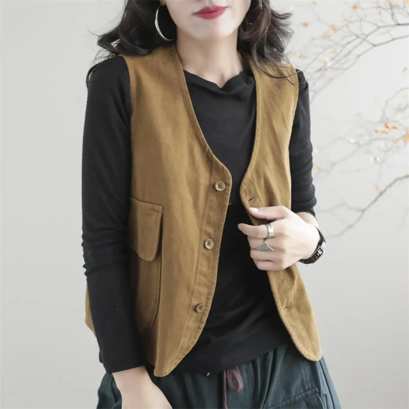 Female Leisure Loose Waistcoat Tops Korean Women Fashion Short Waistcoat Coat Spring Autumn Lady Cardigan Sleeveless Jacket