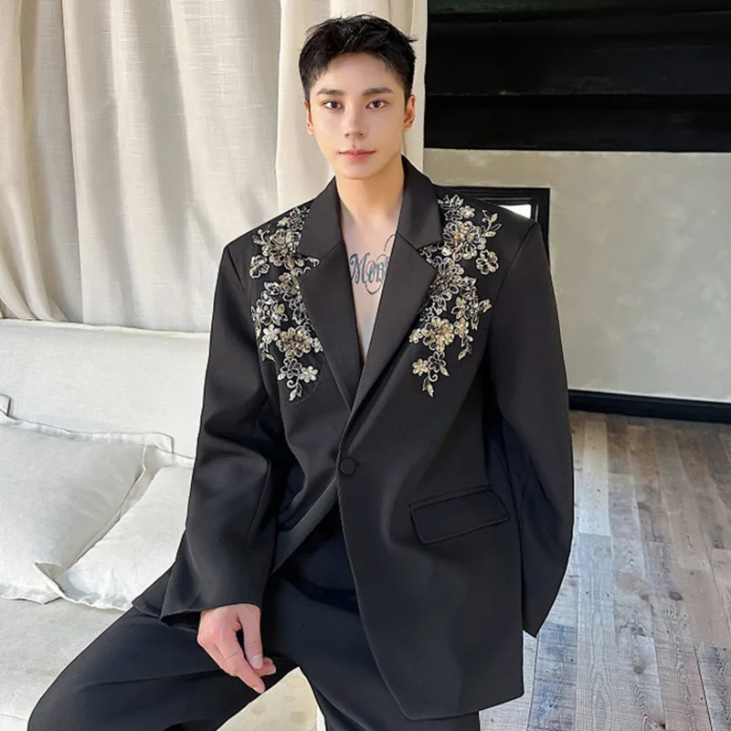 IEFB Korean Style Men\'s Blazers Three-dimensional Embroidery Sequins Single Button Male Casual Clothing New Fashion 2024 9C7244