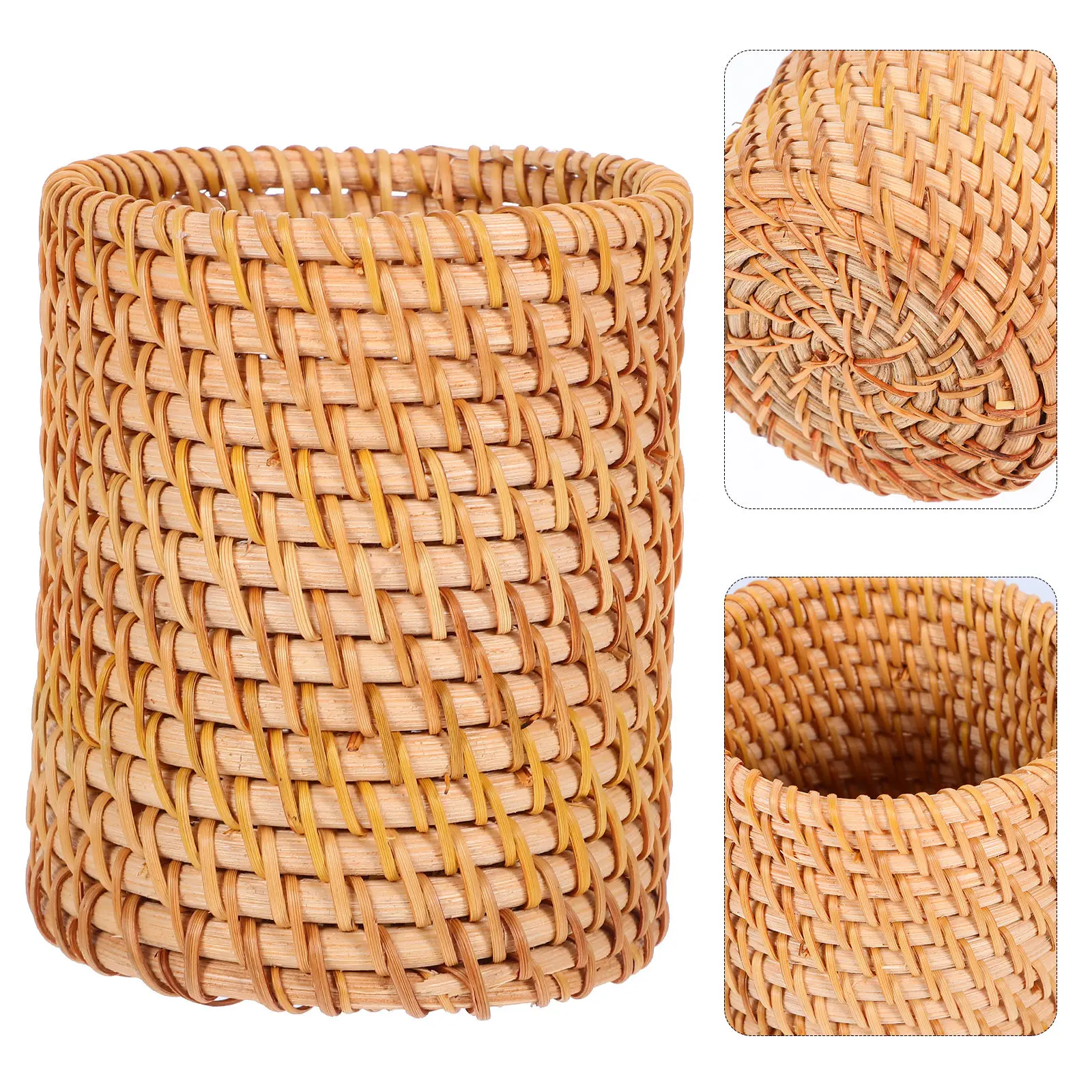 Vintage Rattan Pen Holder Handcrafted Woven Desktop Organizer for Pens Pencils Brushes Stationery Retro Office Desk Accessories