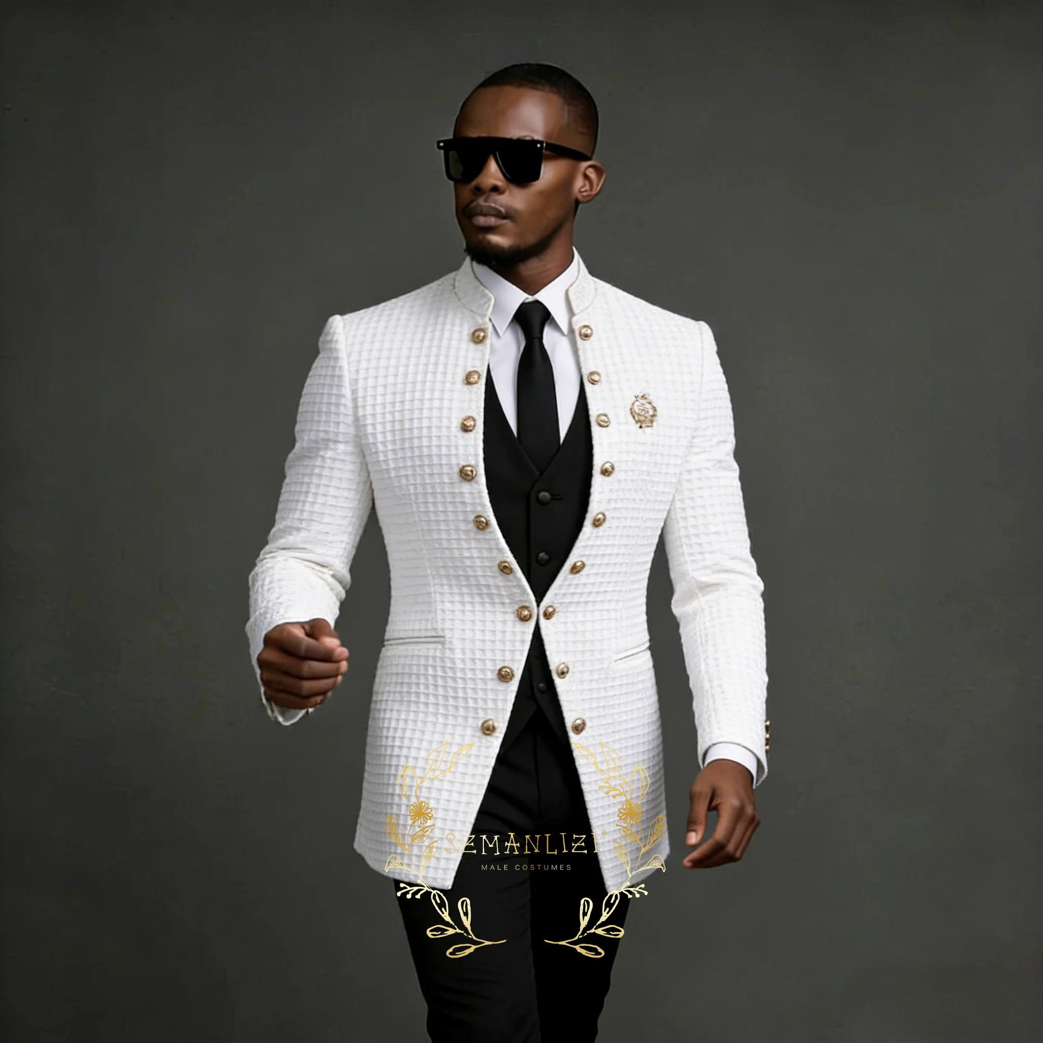 

Fashion White Plaid Men Suits Wedding Stand Collar Formal Party Tuxedos For Prom Groomsmen Suits 3 Piece Sets Blazer+Vest+Pants