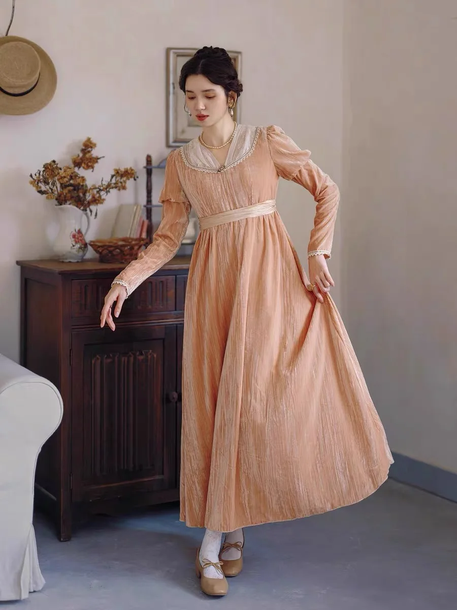 84-96cm Bust Spring Autumn Women Romantic Prairie Style Lace Patchwork Floral Embroidered Velvet Pink Dresses