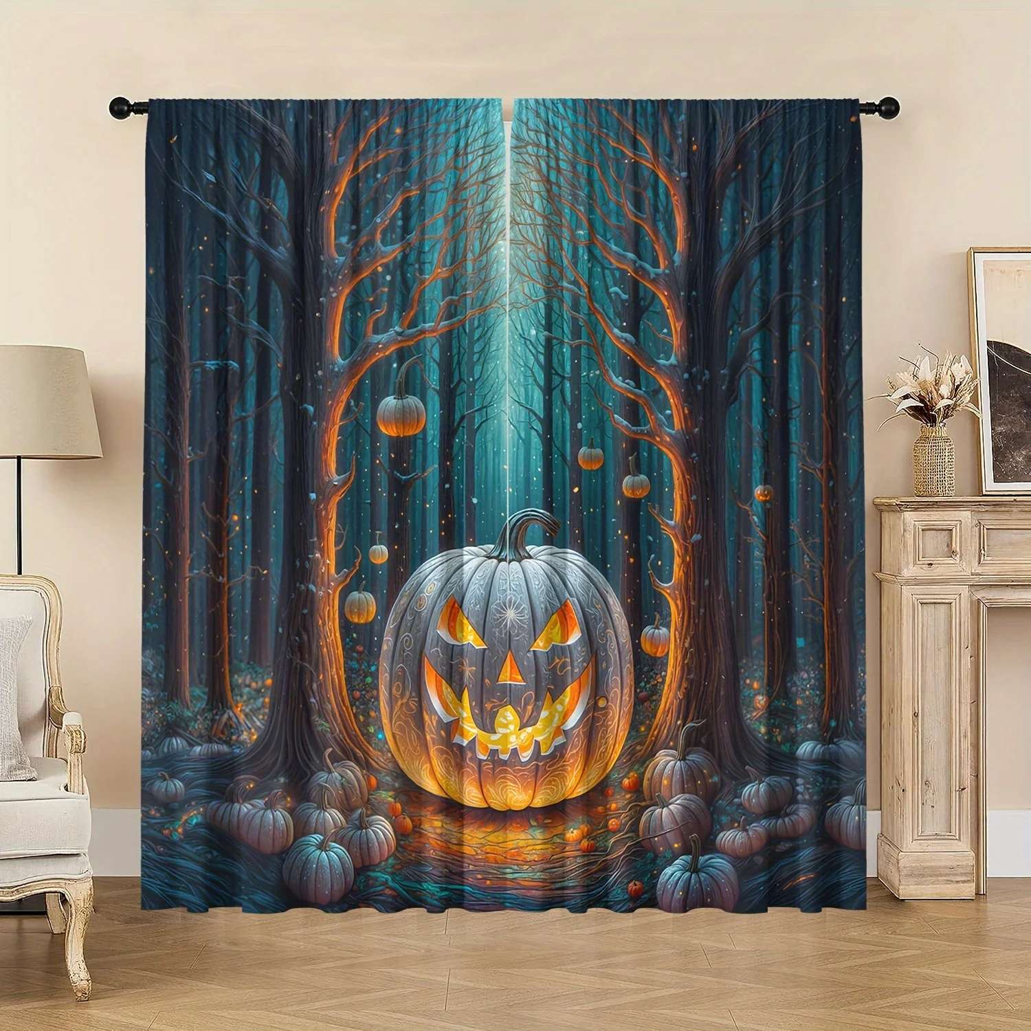 Spooky Halloween Curtain Panels, Grinning Jack‑o‑lantern Flying Bats Haunted Mansion Bright Moon Print Drapes for Living Room