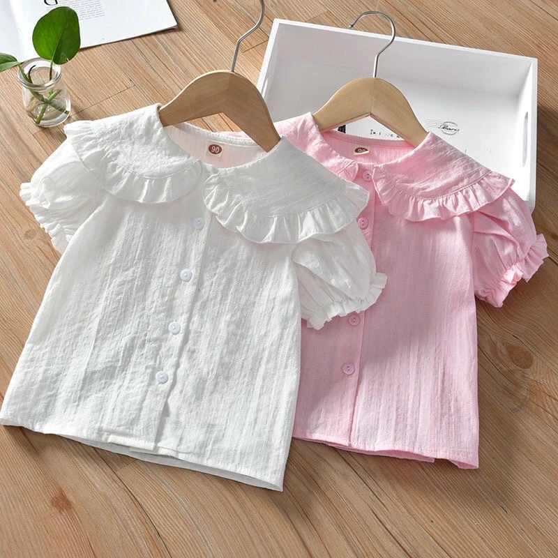

Summer Baby Girl Blouse Toddler Kids Girls Shirt Ruffle Short Sleeve Shirts Children Infant Cotton Tops Tees Pink White