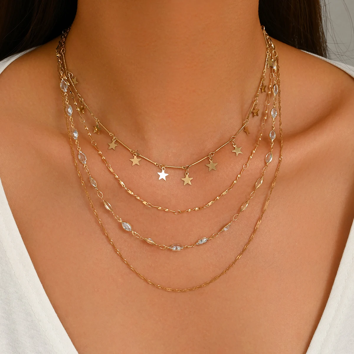 Women's 4 Layered Star Charm Necklace Multi Strand Chain Clear Bead Boho Choker Statement Fashion Jewelry for Party Daily Wear G