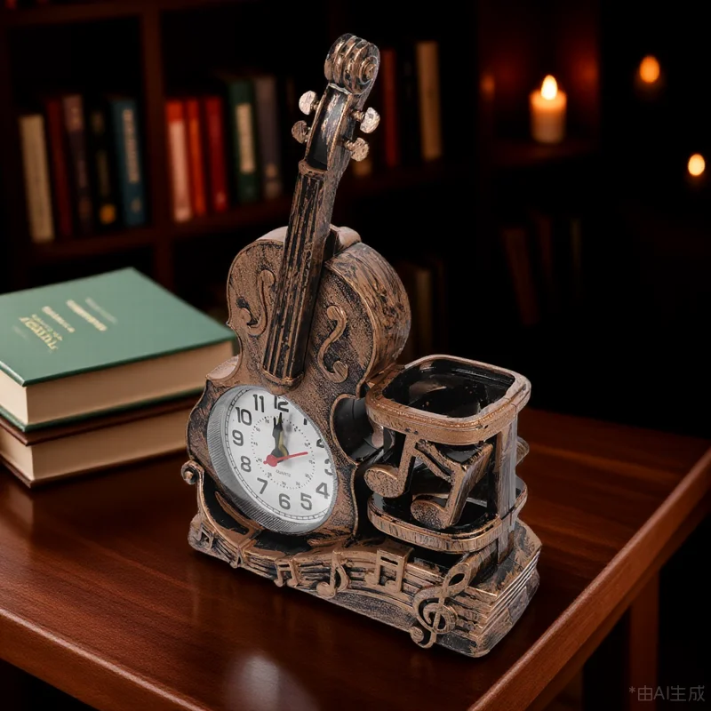 

Violin Clock Pen Holder Tabletop Desktop Decoration Decorative Office Study Room Creative Violin Ornament Holiday Gift for Loved