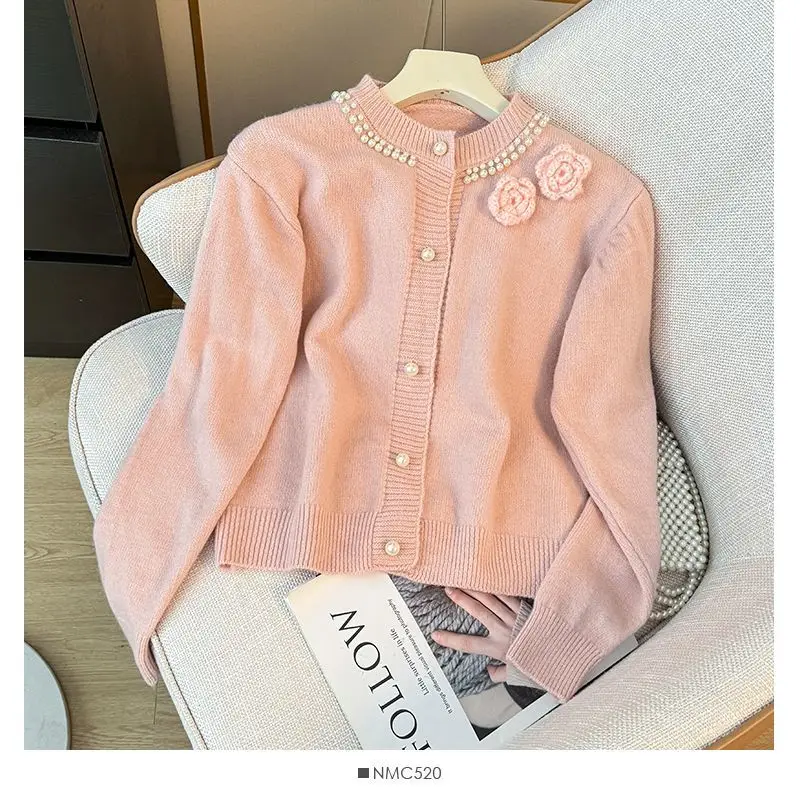 Female Sweet Bright Line Decoration Solid Color Knitting Cardigan Autumn Winter Women Clothing Simplicity Buttons O-neck Sweater