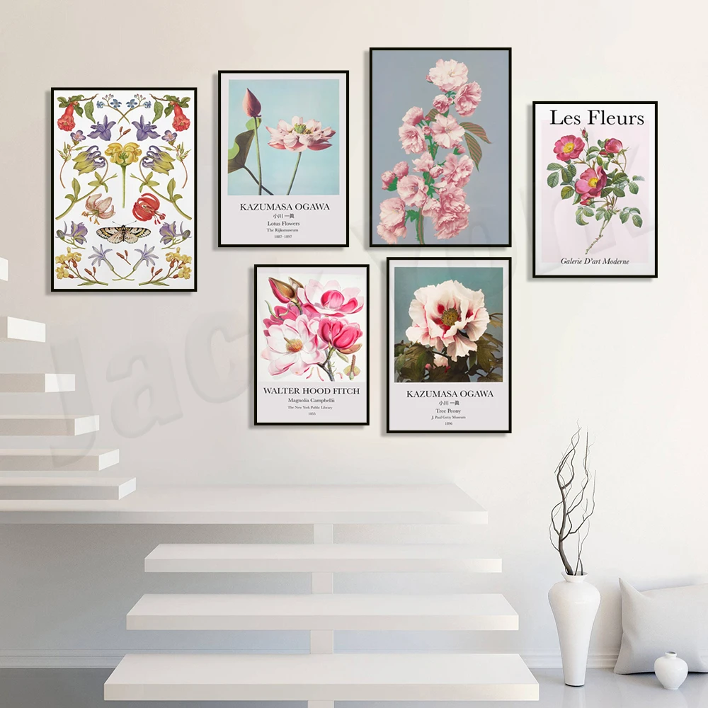 French floral print, red roses, peonies, magnolia plants, Japanese peonies and sakura flowers, blush watercolor floral art poste
