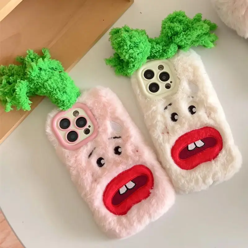 Playful Novelty Big Mouth Radish Fuzzy Plush Phone Case for 17 Pro Max Filp Camera Frame Protective Cover for iPhone 16 15 14 13