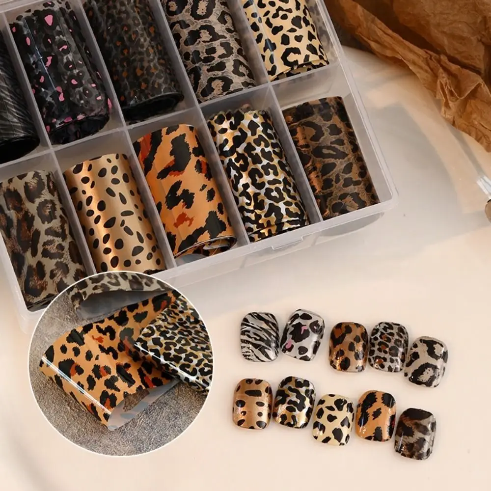 Feuilles autocollantes pour ongles, imprimé léopard, 4x100cm, DIY bricolage, motif Animal, papier de transfert pour Nail Art, 10 pièces/boîte