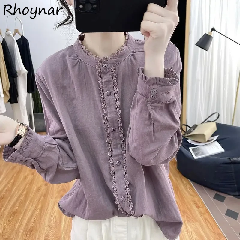 Shirts Women Pure Ruffles Vintage Temper Mature Stand French Style Loose All-match Classic Long Sleeve Harajuku Casual Females