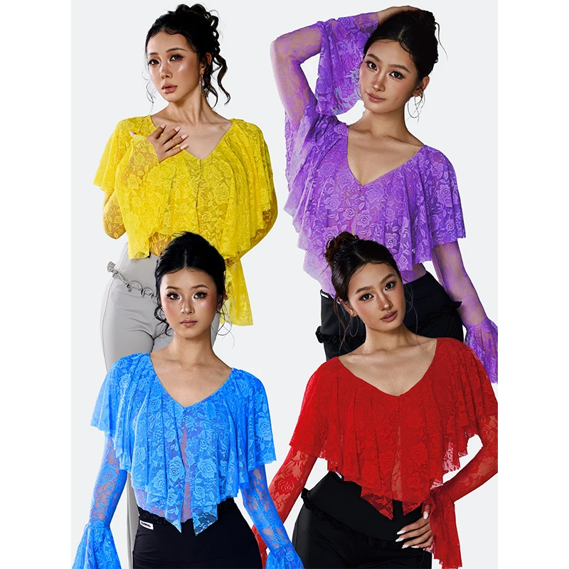 Latin Dance Costume Women Long Sleeves Lace Tops V Neck Ruffled Bodysuit Ballroom Dance Performance Clothes Waltz Wear DNV27720