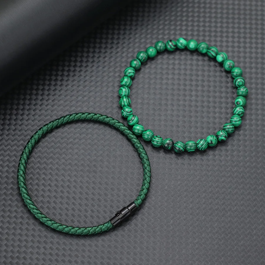 2Pcs Men Magnetic Clasp Cord Bracelet Natural Malachite Howlite Handmade Beaded Nautical Healing Braclet Jewelry Set Pulseira