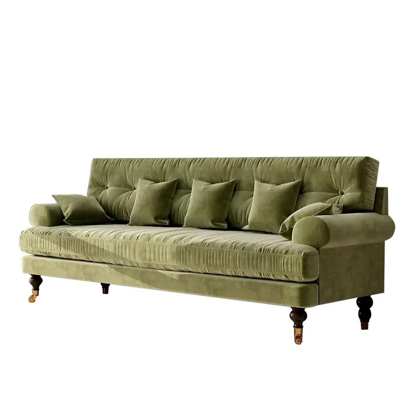 Green sofa three-person small apartment, homestay medieval furniture, velvet removable and washable retro-style solid wood