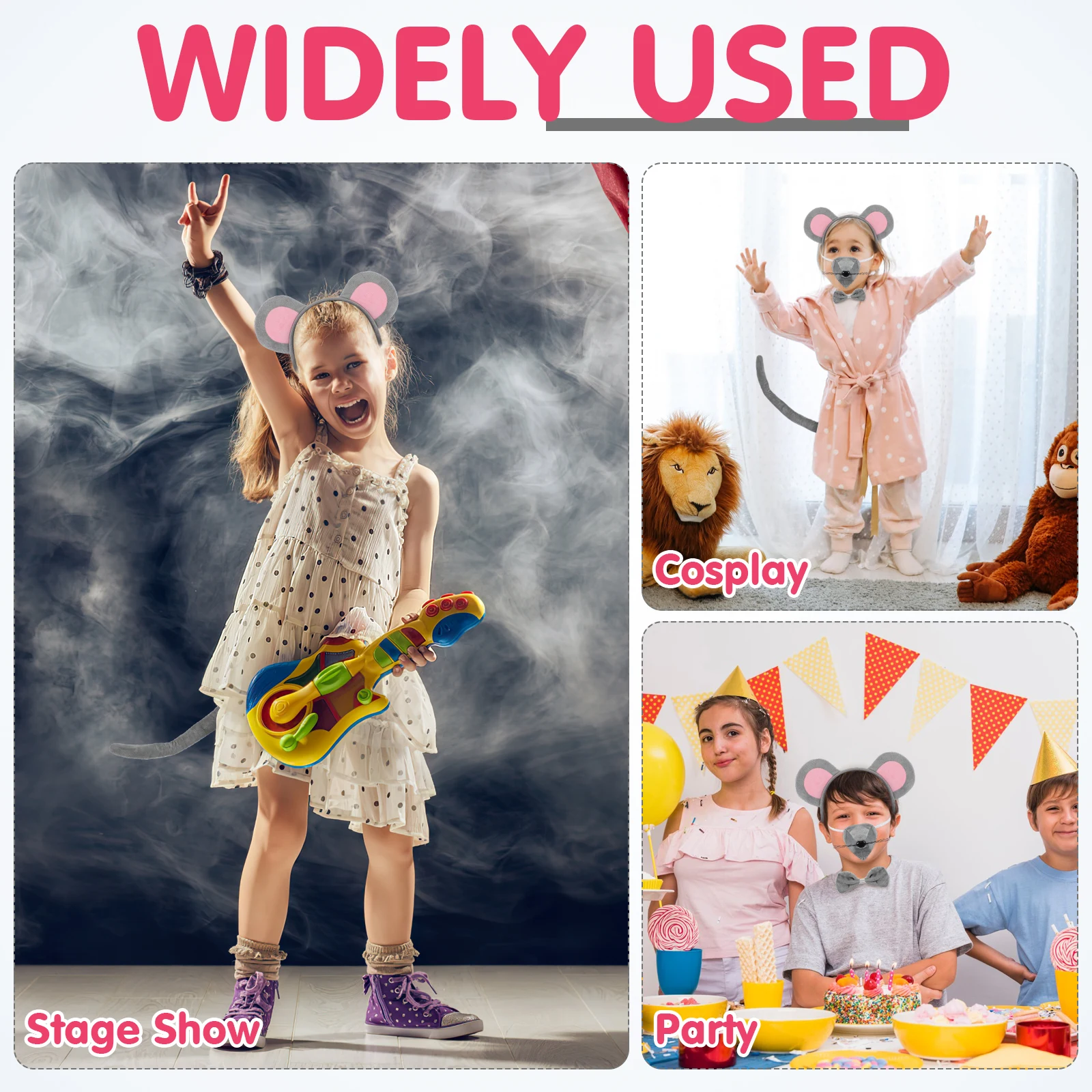 Zestaw Uszy Myszki Opaska na Głowę Kostium Dziecięcy Nos Zwierzęcy Ogon Muszka Akcesoria do Cosplay na Imprezę Rekwizyty Fotograficzne Artykuły Festiwalowe