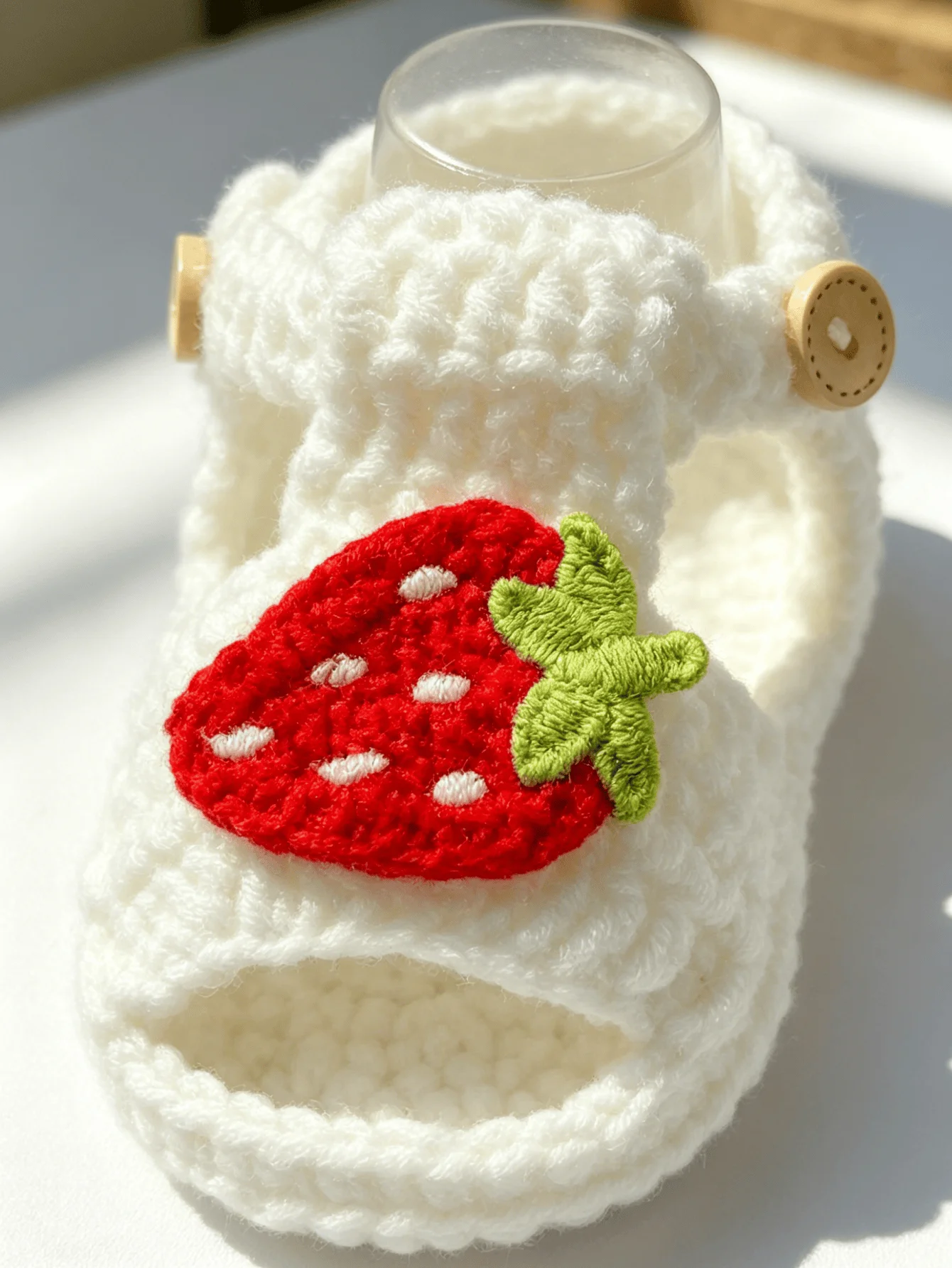1 Pair Handmade Crochet Baby Sandals with Strawberry Embroidery, White Knit Booties for Infant Girls