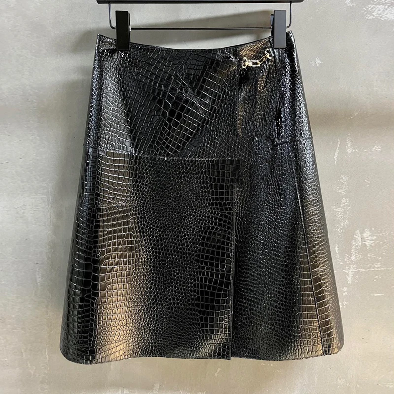 

2024 Autumn Imported Crocodile Pattern Lambskin Skirts For Women Fashion Wrap Style Ladies Real Leather A-line Skirts Bottom