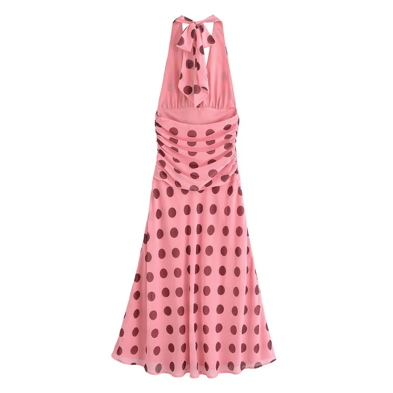 Holiday Backless Vintage Beach Party Dress for Women 2025 Summer New Women's Fashion Simple Hanging Neck Wave Dot Long Dress