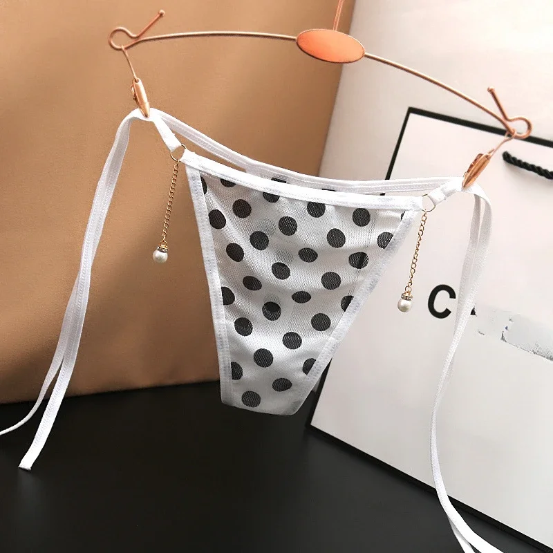 Sexy Lace-up Transparent Women\'s Underwear with Low Waist Lace Edge Printed Polka Dot Beads Binding Thong Japanese T-style