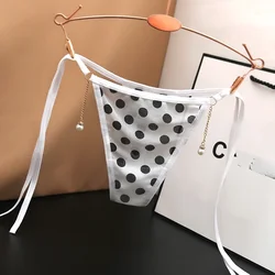 Sexy Lace-up Transparent Women's Underwear with Low Waist Lace Edge Printed Polka Dot Beads Binding Thong Japanese T-style