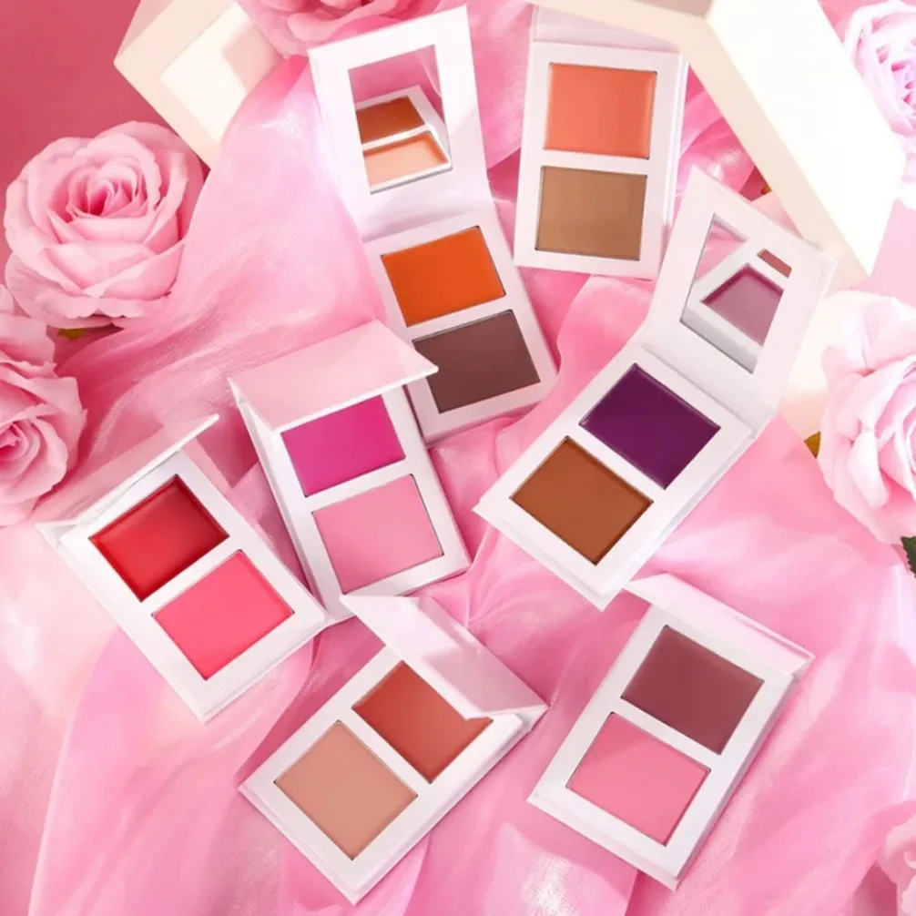 Logotipo personalizado vegano blush bochecha creme de cor dupla em pó 2 em 1 maquiagem atacado compacto marca própria corretivo à prova d'água