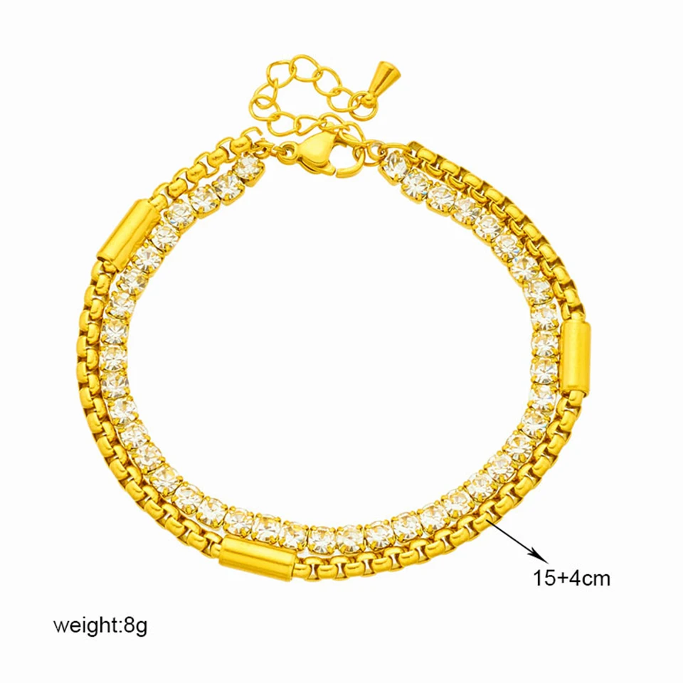 Yupsk 316L Stainless Steel Double Chain Bracelet Shiny Zircon Vintage Gold Color Charm Bracelets Women Party Jewelry Gift