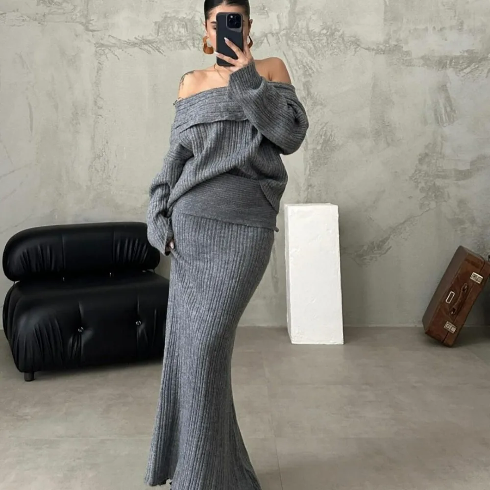 Autumn Winter Knitted Skirt Sets Women Sexy Off The Shoulder Sweater and Maxi Skirt Outfits Elegant Solid Two Piece Set 2024