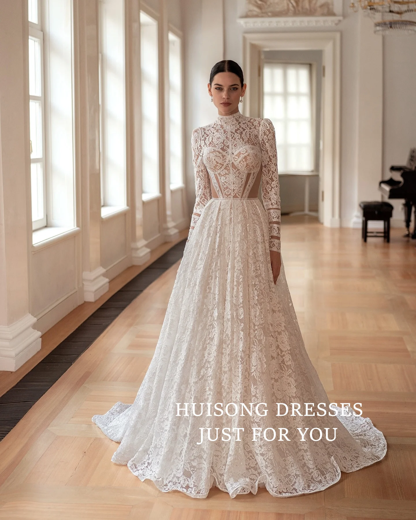 

HUISONG Customized Lace Appliques Wedding Dresses High-Neck Long Sleeves A-Line Beach Bridal Gown vestidos de novia