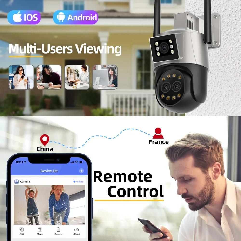 Cámara IP de seguridad para exteriores, videocámara de videovigilancia inalámbrica con detección humana, iCSee, 3 lentes, 12MP, 6K, WIFI, visión nocturna a Color, 360