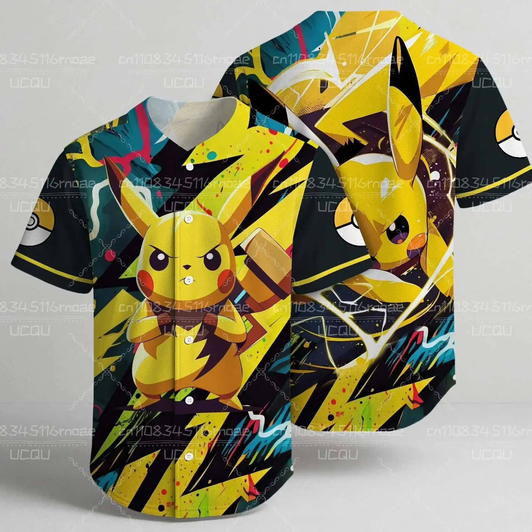 Nieuw Pikachu unisex honkbalshirt met geel bliksempatroon met knopen omhoog zomertop cool honkbalshirt rollenspel - afbeelding 2