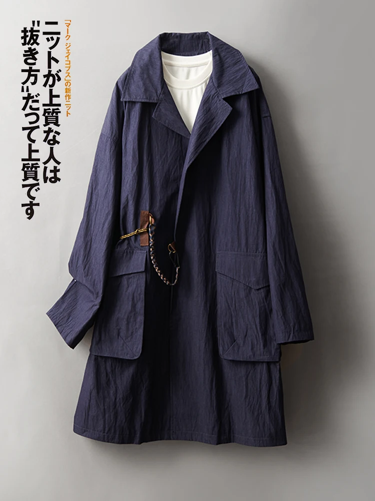 trench coat men's medium and long high-end springautumn trend lapel casual clothes Japanesestyle washed cotton fashion versatile