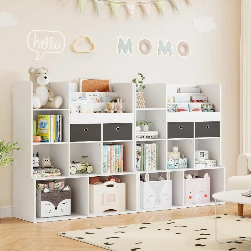 Toy Storage Organizer 47.8in Kids Bookshelf with Drawers Modern Bookcase with Cubbies Floor Storage Cabinet Wooden To