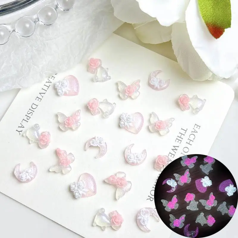 3D Luminous Flower Butterfly Nail Art Accessories Translucent Heart Rabbit Moon Resin Nail Charms for DIY Nail Decorations