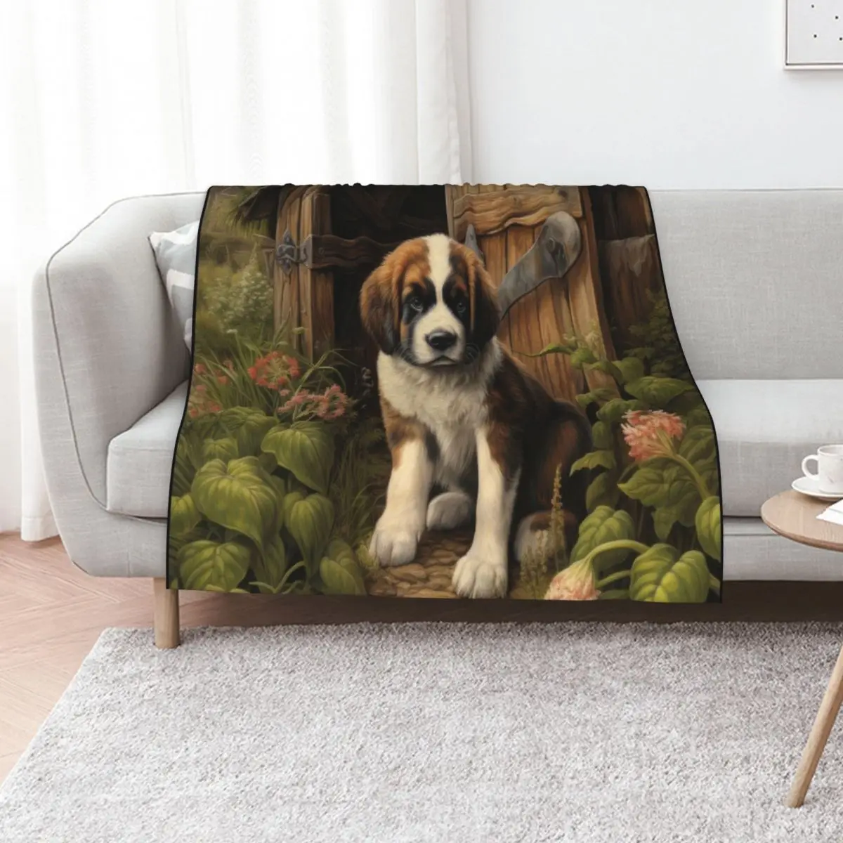 cute Saint Bernard puppy dog in garden with flowers Throw Blanket Hair cosplay anime Stuffeds Quilt Vintage Blankets