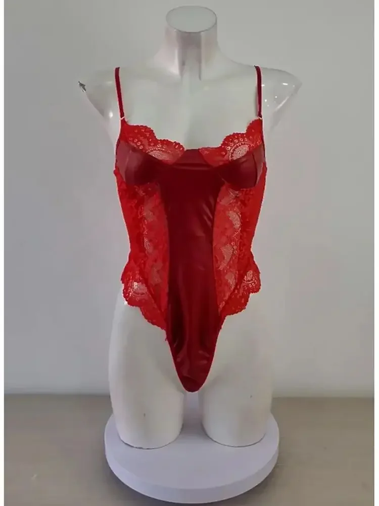 

S-XXL Deep V-neck Faux PU Leather Bodysuit Lace Mesh Transparent Swimsuit Tights High Cut Sukumizu Hot Sexy Body Teddies Unitard