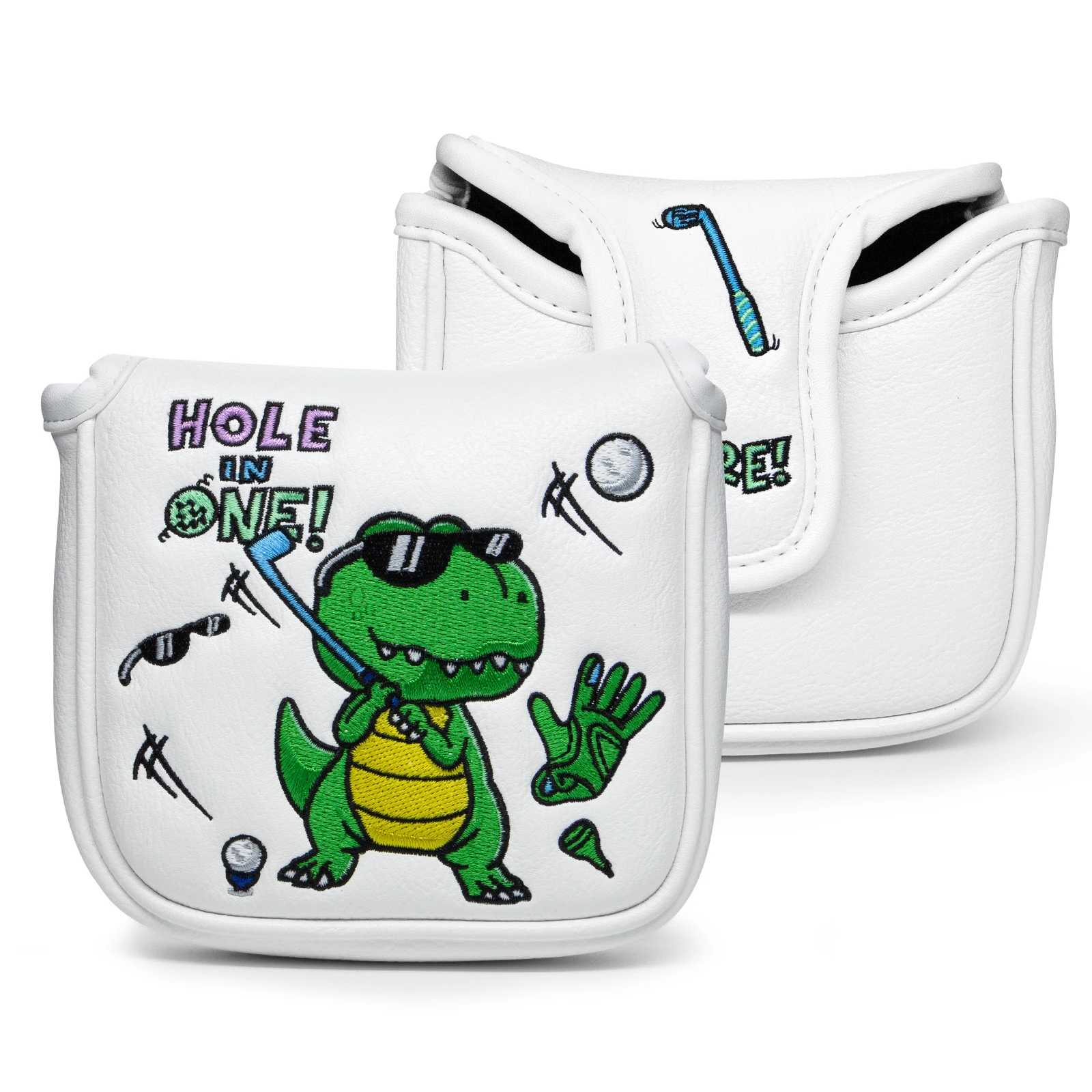 Cute Dinosaur Golf Mallet Putter for Mallet Headcover with Magnetic Closure Elegant Embroidery White  Premium Leather