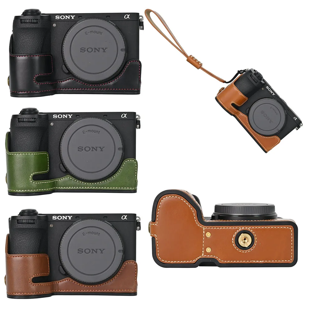Camera Bag PU Leather Half Body Case For Sony A6700 Alpha 6700 Battery Opening Bottom Cover With Hand Strap A6700 Oil Skin