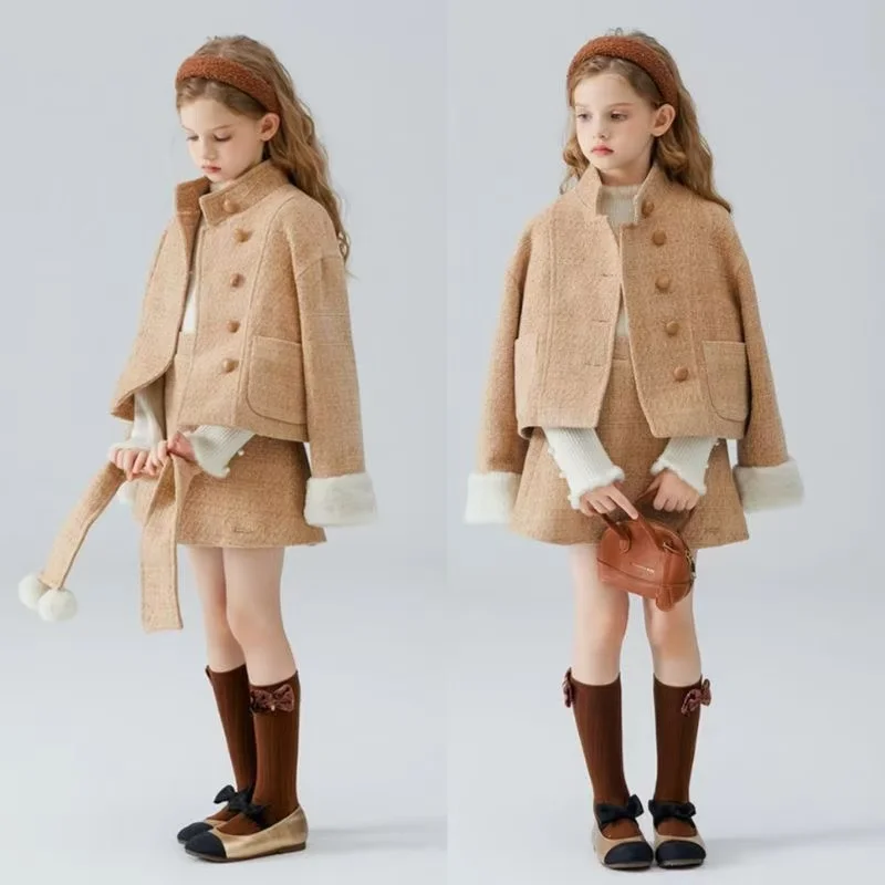 

Girls' Set Of Woolen Small Fragrant Wind Autumn and Winter New Items With Cotton Wool Collar Jacket Short Skirt Two-piece Set