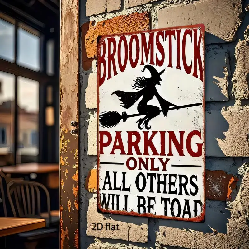 Broomstick Parking Witch Vintage Metal Tin Sign - Retro Halloween Wall Art (Witch & Broom), Iron, for Bars/Cafes/Home Decor, Hal