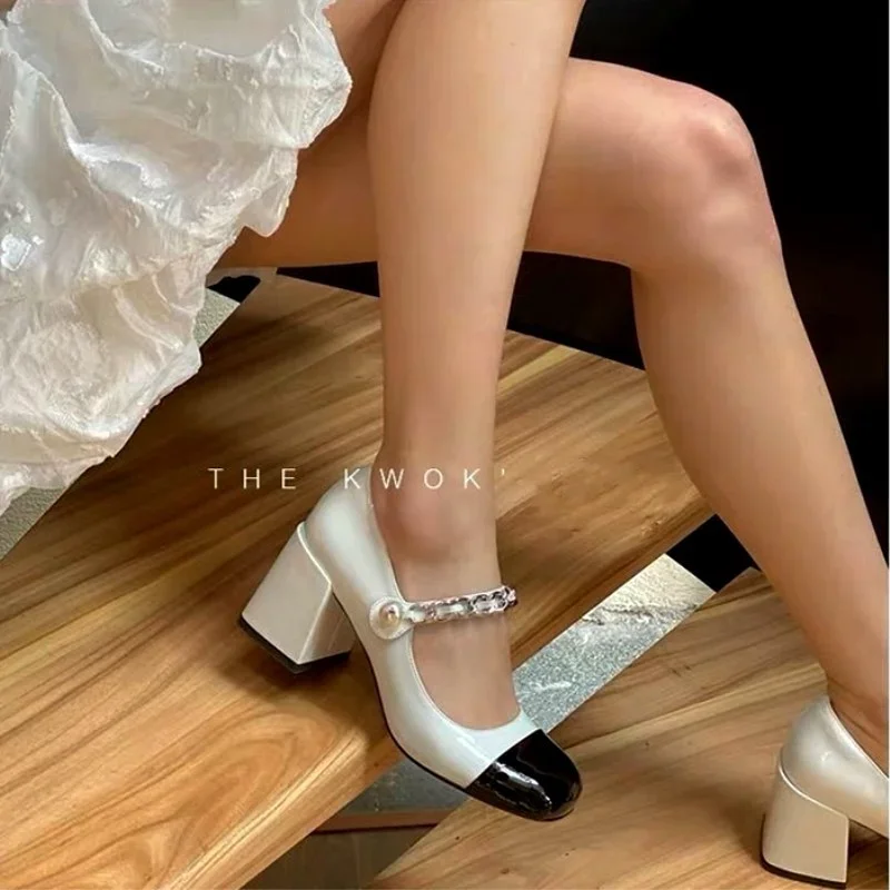 Summer Shoe Woman 2025 High Heels Luxury Shoes Women Mary Janes Pumps Square Toe Leather Sandals Black White Patchwork 39