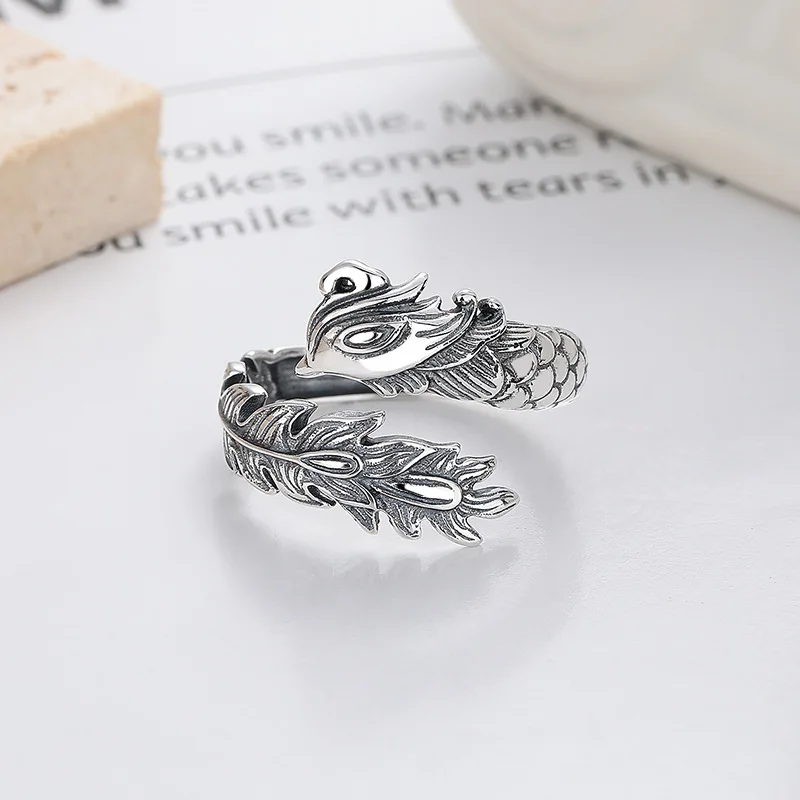 Ethnic Rings Style 925 Silver Man Woman  Vintage Adjustable Dragon And Phoenix