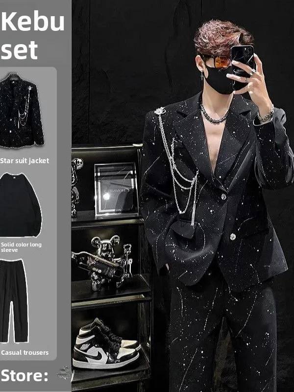 

Men's Casual Shoulder Pad Suit Set Loose Fit Chain Print Design Autumn Fashion Polyester Fiber Standard Edition Double Slit
