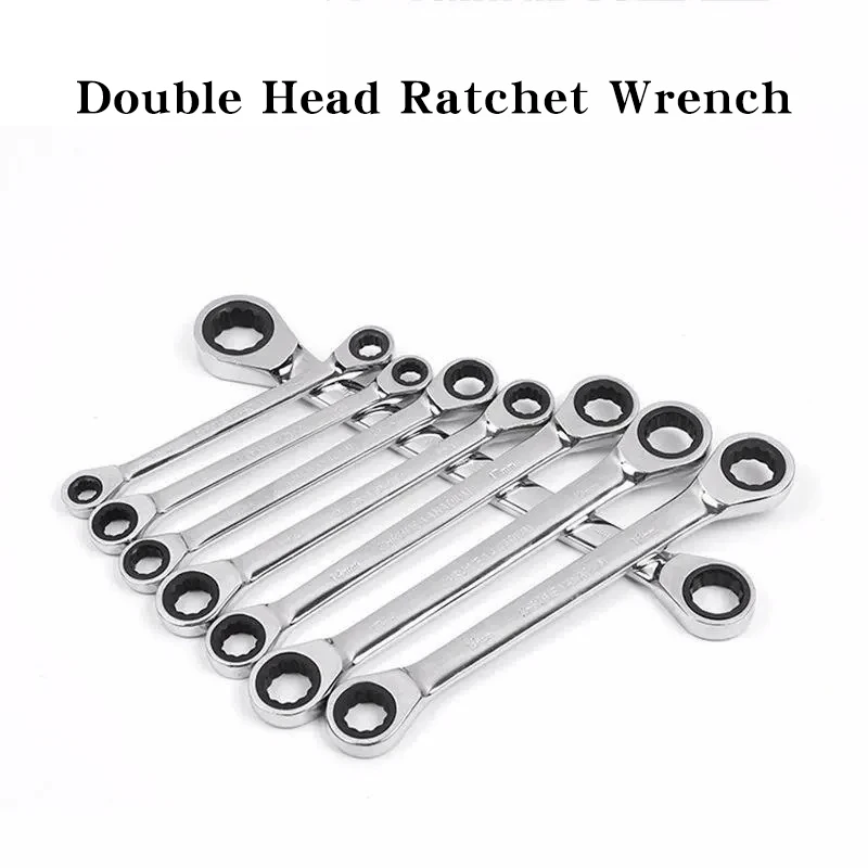 Chrome Vanadium Ring Double Head Ratchet Wrench Plum Blossom Shaped Reversible 8-10/10-12/14-17/17-19mm Combination Spanner Set