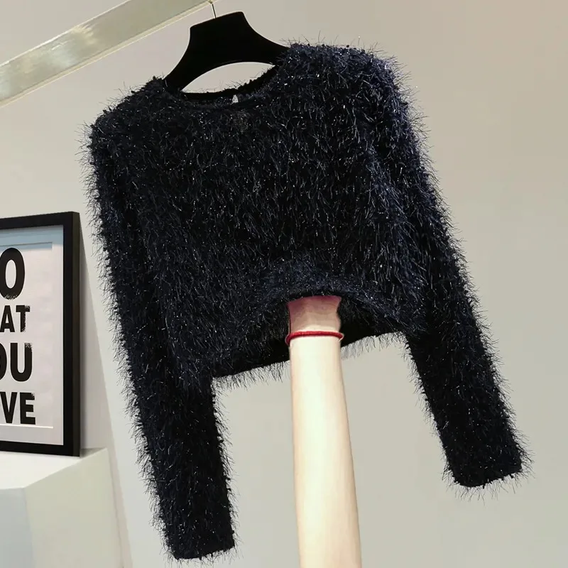 

Round Neck Long-sleeved Inner Layered Shirt for Women Spring Korean Style High-waisted Short Shiny Silk Tassel T-shirt