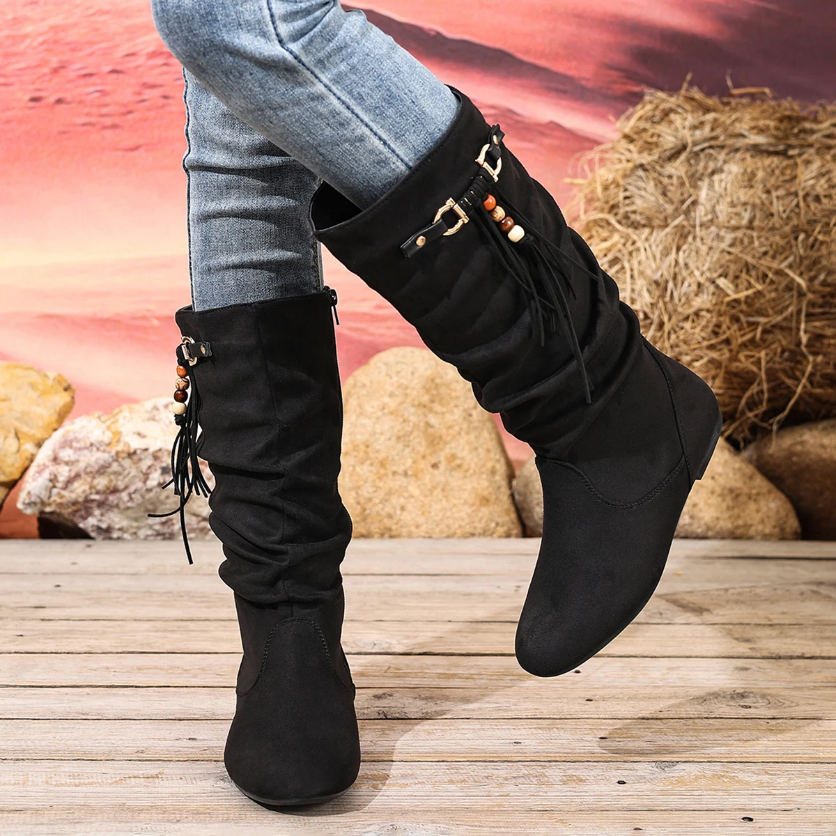 

Women's Boho D-Ring Ankle Boots with Beaded Tassel Slouchy Crinkle Suede mid Calf Flat round Toe Casual shoes